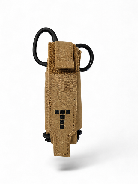 Krieger tourniquet pouch in Coyote Tan, laser-cut MOLLE with open-top rapid access
