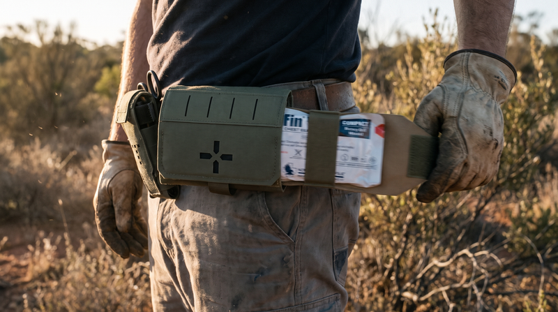 Krieger Micro IFAK 2.0 mounted on a work belt in dry Australian bush, gloved hand drawing the medical insert out sideways