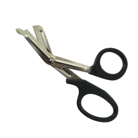 Trauma shears with stainless steel blades and black handles for cutting clothing and webbing