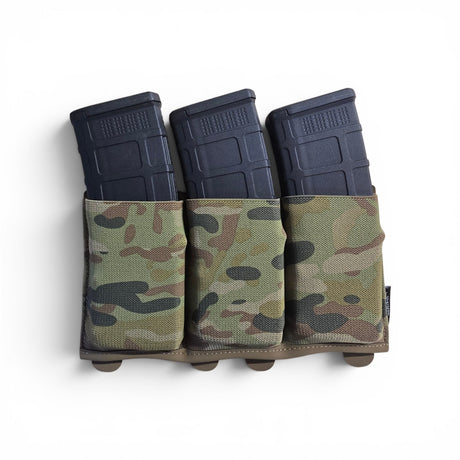Krieger Elastic Triple Utility Placard in AMP, three elastic magazine slots on a four-row MOLLE mount