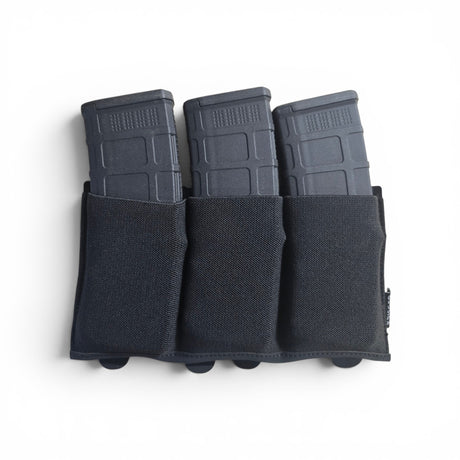 Krieger Elastic Triple Utility Placard in black, three elastic magazine slots on a four-row MOLLE mount