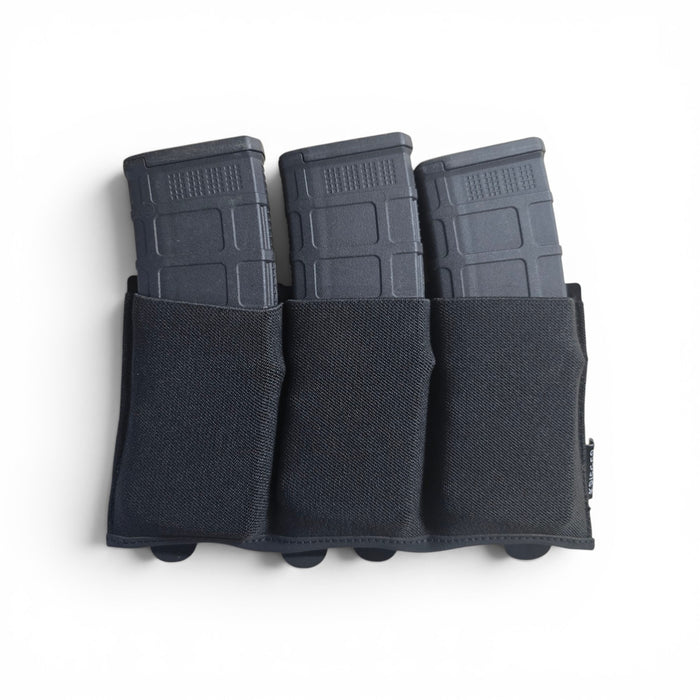 Krieger Elastic Triple Utility Placard in black, three elastic magazine slots on a four-row MOLLE mount