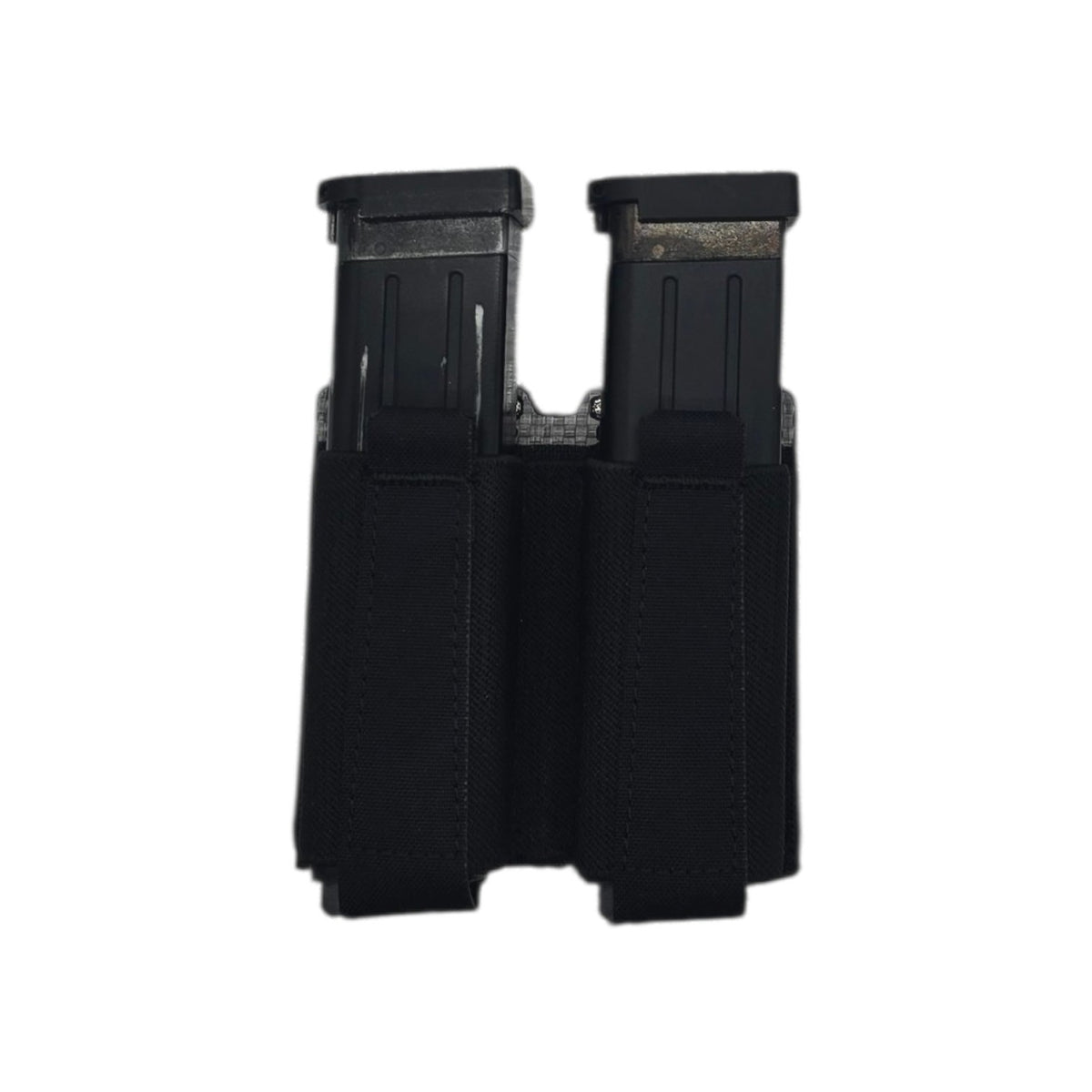 Black elastic double pistol mag pouch holding two double-stack pistol magazines