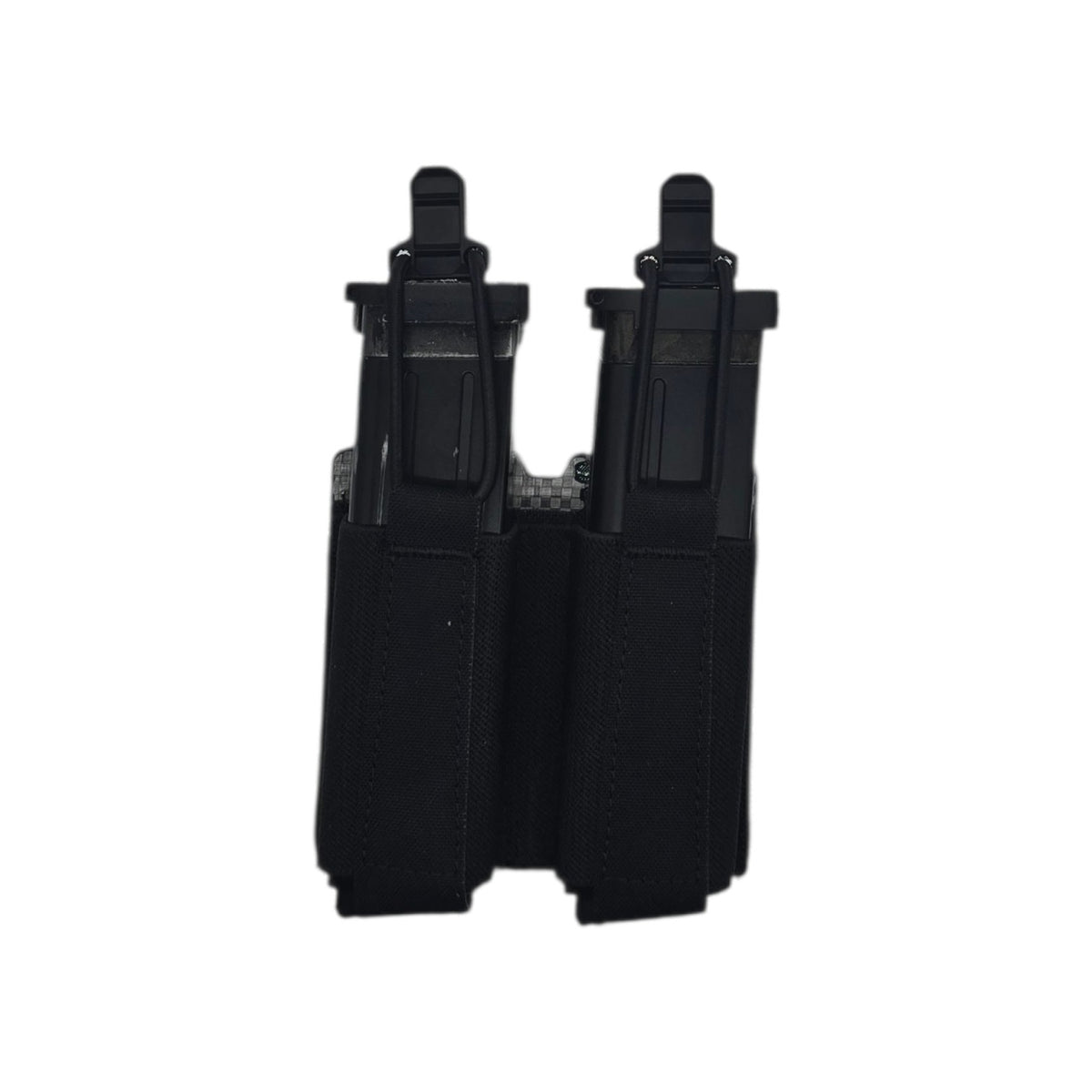 Bungee retention drawn over two magazines on the black double pistol mag pouch
