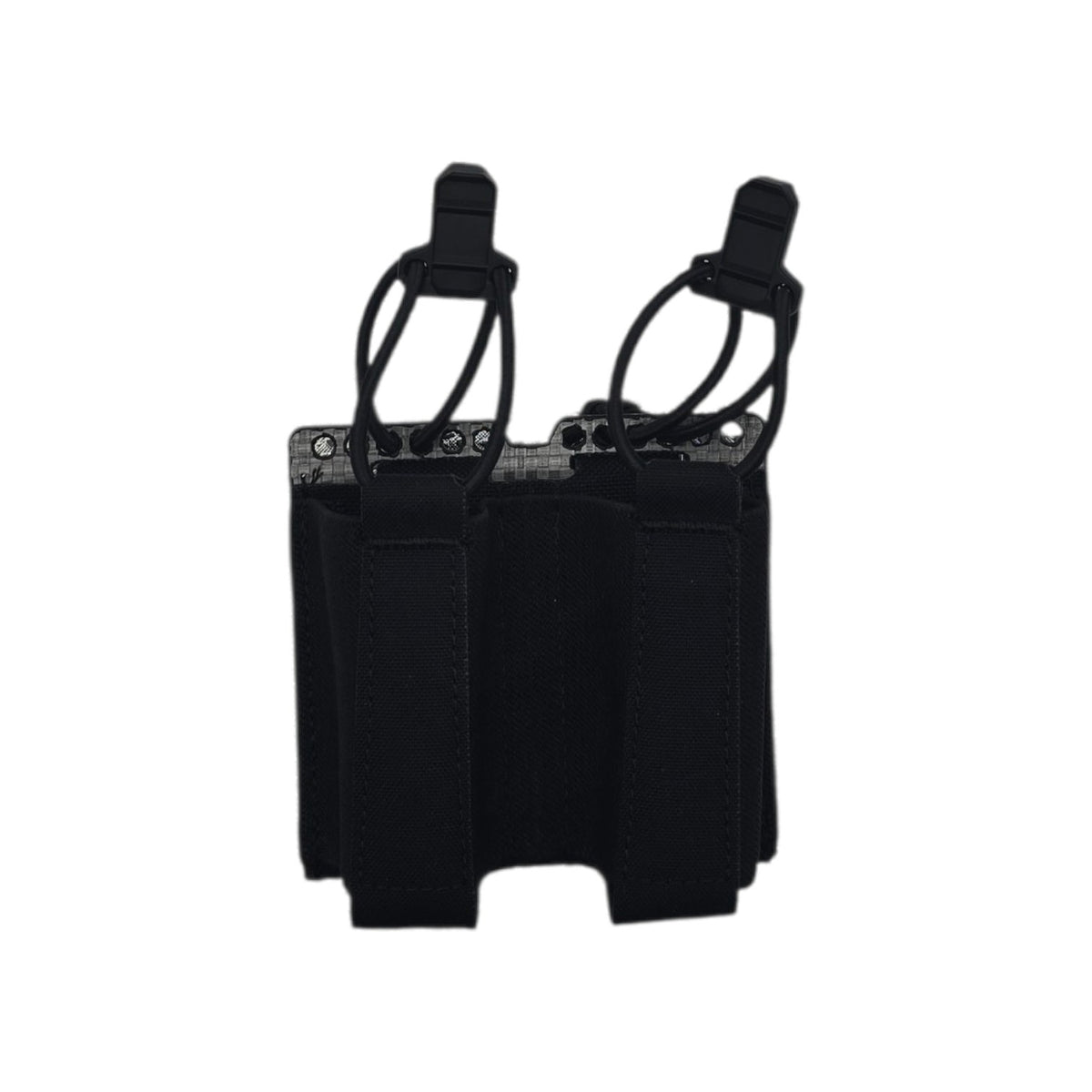 Rear of the black double pistol mag pouch showing adjustable bungee pull tabs