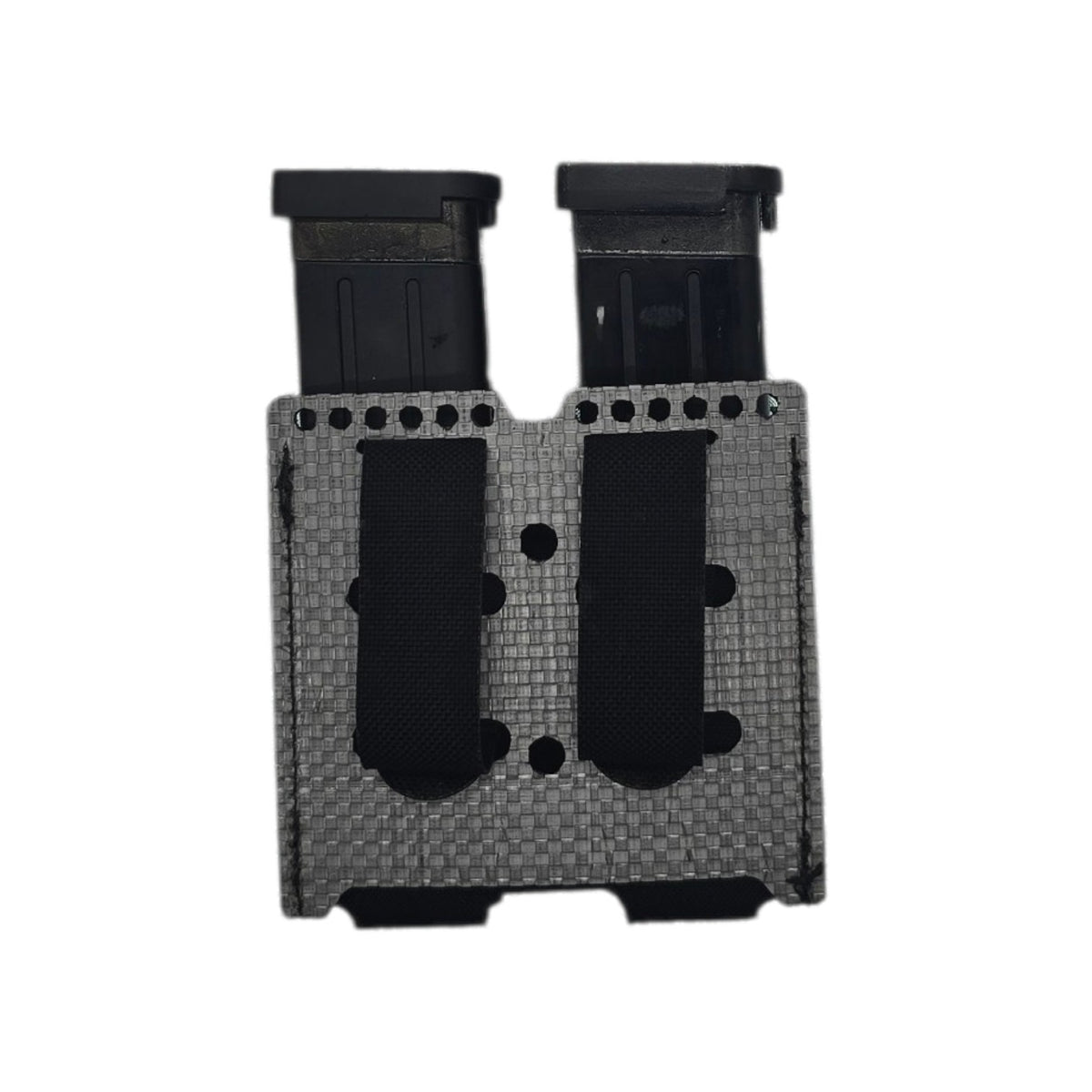 Rear view of the black double pistol mag pouch with two magazines fitted