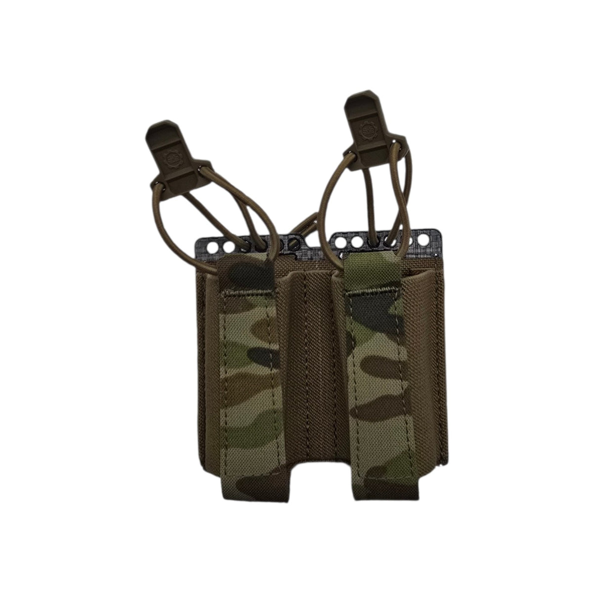 Rear of the Multicam double pistol mag pouch showing adjustable bungee pull tabs