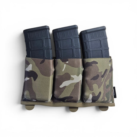 Krieger Elastic Triple Utility Placard in Multicam, three elastic magazine slots on a four-row MOLLE mount