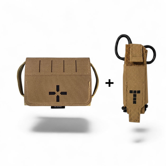 Krieger Micro IFAK 2.0 and tourniquet pouch combo in Coyote Tan, laser-cut MOLLE medical carriage