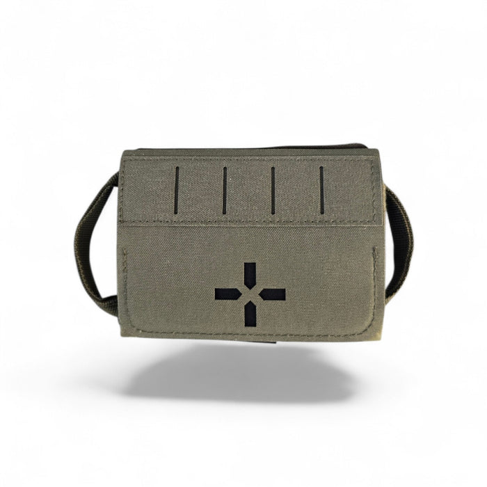 Krieger Micro IFAK 2.0 medical pouch in Ranger Green with black first aid cross and side pull loops