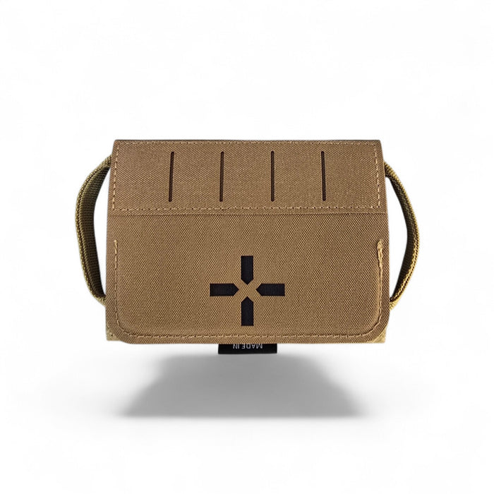 Krieger Micro IFAK 2.0 medical pouch in Coyote Tan with black first aid cross and side pull loops